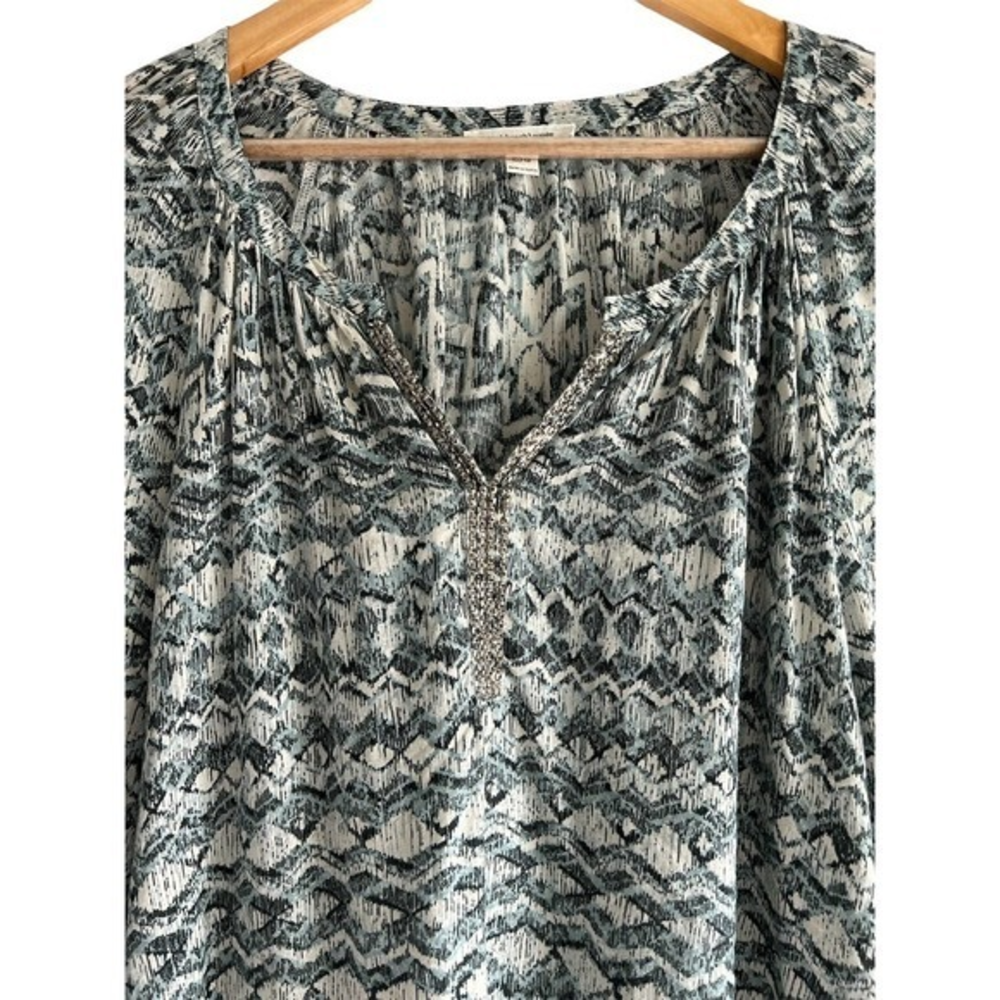 Beach Lunch Lounge Size Large Tunic Aztec Blouse‎ Beaded V Neck Blue White Black